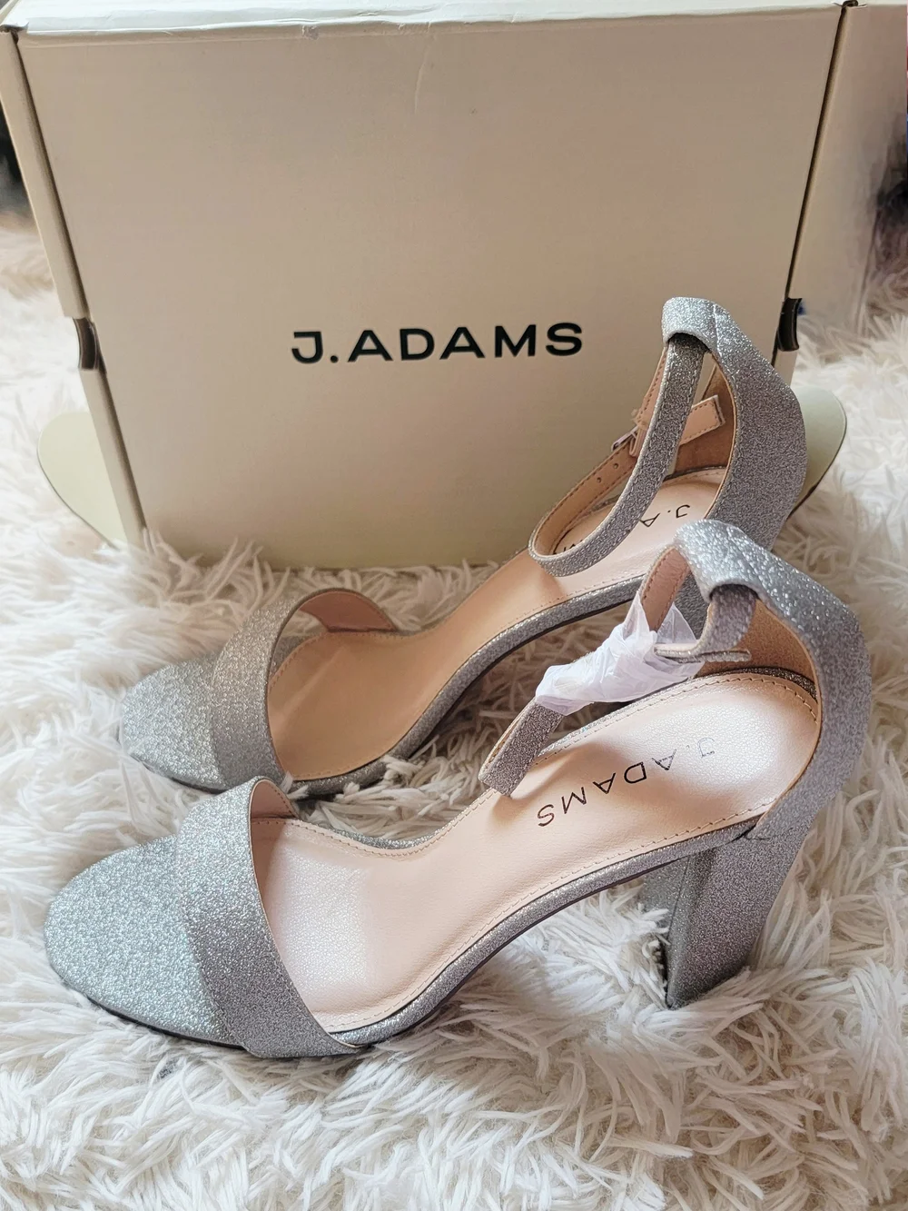NWB J.Adams Silver Glitter Block Heel Sandals Sz 10